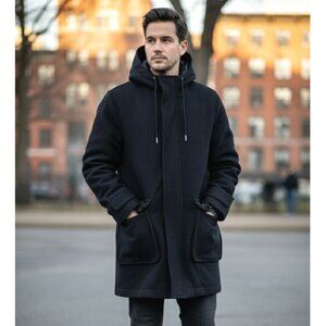 Topman Lined Lightweight Black Wool Hooded Parka, Men's Size XS